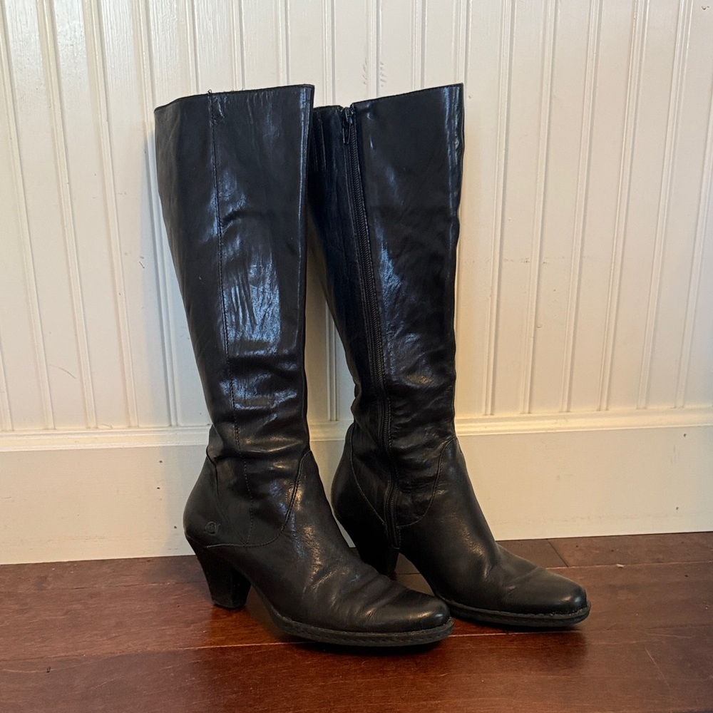 Born Black Leather Mid-Heel Knee Boots